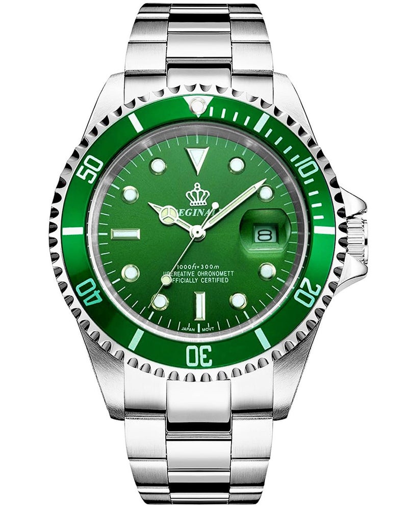 Reginald Men's Watch Luminous Quartz Rotatable Bezel Sapphire Glass Silver Stainless Steel Band and Case Waterproof Sports Green Watch